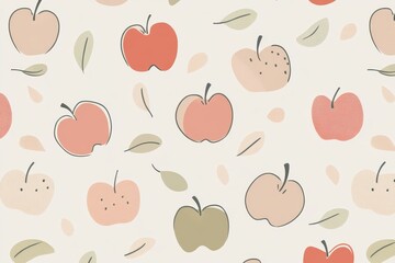 Pattern design featuring various apple illustrations on a light background, ideal for textiles or wallpaper