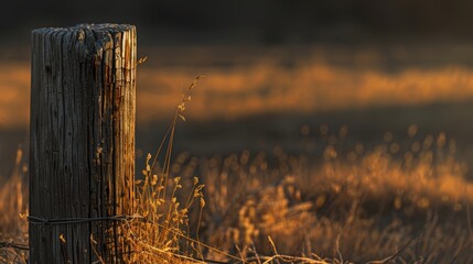 Obraz premium Rustic Wooden Post in Golden Field at Sunset