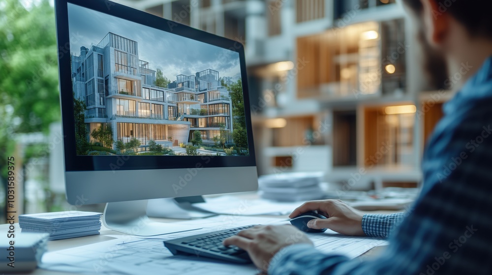 Poster architectural design on computer screen. person analyzes modern architectural designs on computer sc