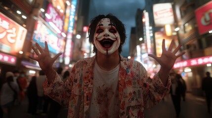 Obraz premium A vividly dressed figure with a grotesque clown mask poses in a neon-lit urban scene, exuding a spooky and theatrical vibe.