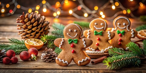Naklejka premium Festive Christmas Gingerbread Man Cookies Decorated with Icing and Colorful Sprinkles in a Cozy Holiday Setting with Warm Lights and Pine Cones