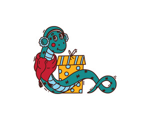 Cute snake with a gift.  New Year symbol. Snake character. Vector illustration