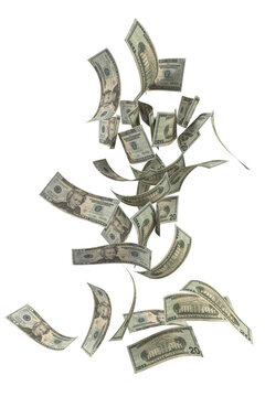 twenty US dollar bill falling transparent image 3d rendering