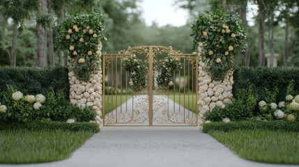 Obraz premium Ornate Golden Gate with Floral Decor and Stone Pillars in Lush Garden