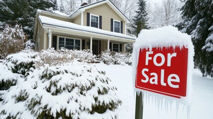 A welcoming house sits under a blanket of snow, with a bright red for sale sign out front. Surrounding trees and bushes are covered in frost, creating a picturesque winter setting.