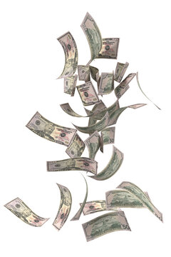 fifty US dollar bill falling transparent image 3d rendering