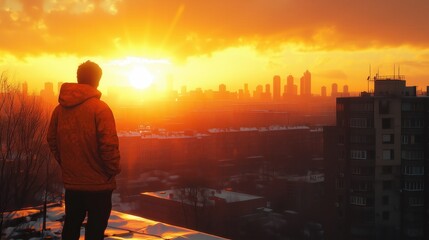 Urban Landscape at Sunset with Person in Silhouette. Person stands silhouetted against a stunning urban sunset, overlooking a city skyline with buildings. The warm colors create a serene atmosphere.
