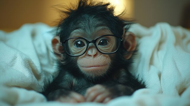 A curious young monkey wearing glasses gazes thoughtfully while snuggled in a white blanket indoors during a cozy evening