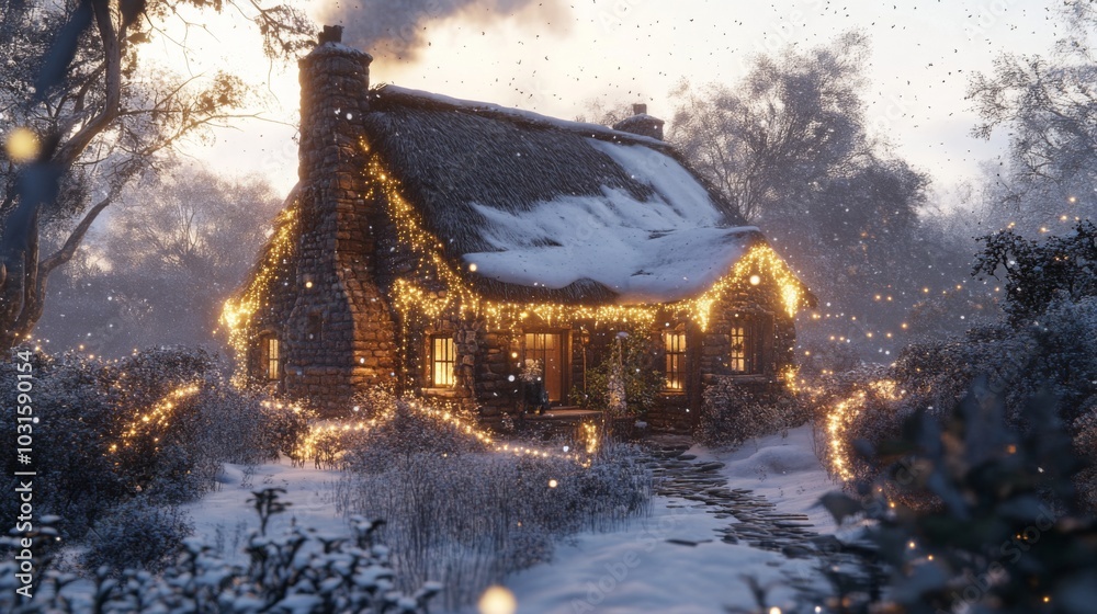 Poster a charming cottage with a thatched roof is blanketed in snow, adorned with twinkling lights as gentl