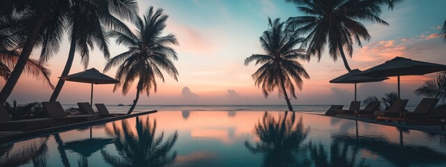 Obraz premium Tranquil Sunset over a Tropical Beach with a Pool and Palm Trees.