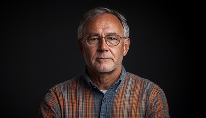 Obraz premium Man with a beard and white hair is smiling. He is wearing a blue shirt with orange and yellow plaid.