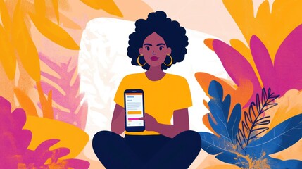 A woman sitting with a phone surrounded by colorful foliage, suggesting digital engagement.