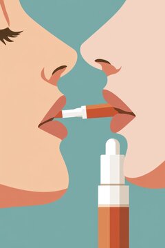 A stylized illustration of two faces nearly touching, sharing a lip product.
