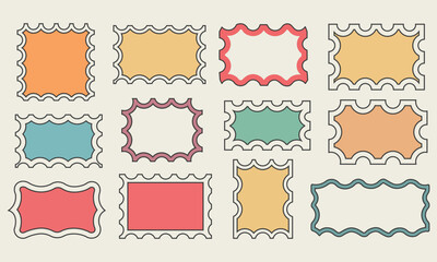 set of different rectangle frames with wavy edges. There are cute rectangular shapes with undulated borders. These empty text boxes, stamps, tags, or labels are isolated on a white background