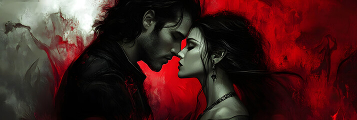 Passionate embrace of a gothic couple, intense love, dark romance, red background, mysterious vibes, a mix of romance and danger, close-up art style capturing emotions