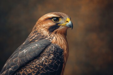Obraz premium A striking portrait of a falcon showcasing intricate feather details against a softly blurred background