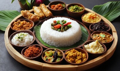 Assortment of Indonesian dishes in wooden bowls.