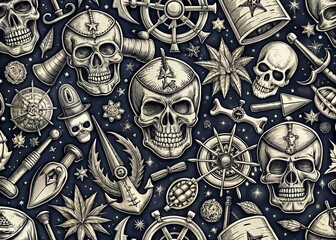 Seamless Pirate Outline Elements Pattern for Nautical Themed Designs