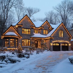 Snow-covered house with Christmas lights on the roof