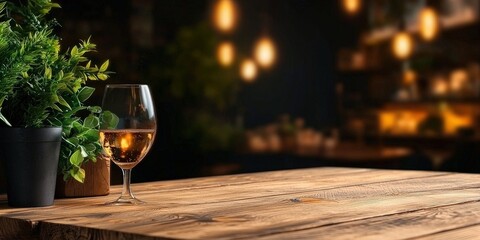 Rustic Wooden Table with Glass of Wine and Bokeh Lights for Product Display