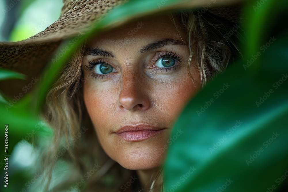 Wall mural Woman with green eyes and red hair is wearing a straw hat. She is looking directly at the camera. Woman portrait adult plant