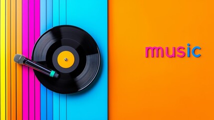 Obraz premium Microphone with the word music written on it. The microphone is silver and has a rainbow background. word 