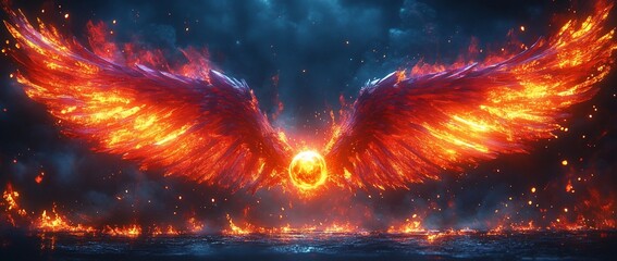 Fiery wings spread wide, encircling a glowing orb amidst a dramatic, dark sky.