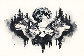 Fototapeta premium Artistic wolf illustration with full moon, mystical forest design, hand-drawn black and white artwork representing strength, wilderness, unity, and nature's raw beauty in night scenery