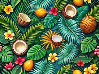 Seamless Tropical Patterns with Exotic Leaves and Coconut Fruits - Vector Graphics for Jungle-Inspired Designs and