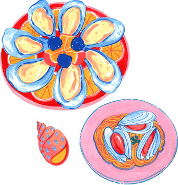 watercolor oysters on plates, seafood still life clip art preview