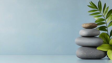 A serene arrangement of smooth stones and green foliage against a tranquil blue background for a calming atmosphere