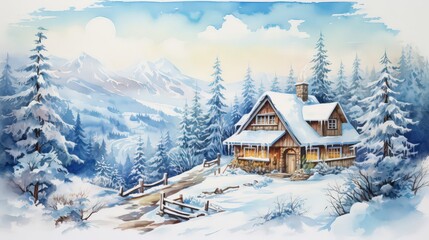 Watercolor painting of a cozy winter house surrounded by snow-covered trees, done in soft colors. Christmas winter card.