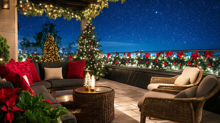 Obraz premium Starry night christmas patio decor with festive lights and cozy seating