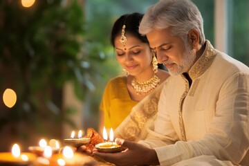 Elderly Indian Couple Celebrating Diwali with Illuminated Diya in Traditional Attire Photo. Fictional Character Created By Generative AI.