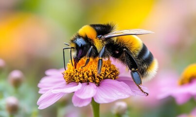 Wildflower meadow buzzing with bees, surrounded by lush vegetation and natural habitats, emphasizing the importance of creating bee-friendly, Generative AI