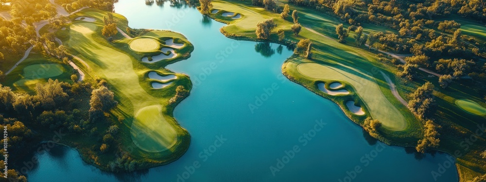 Wall mural aerial view of a golf course with a winding lake.