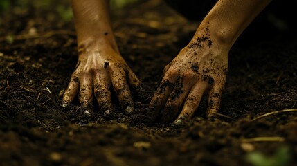 Closeup of Muddy Hands Digging in Dark Soil