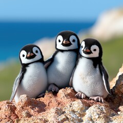 Obraz premium Three Adorable Penguin Chicks on a Rocky Cliff