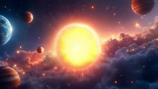 Vivid digital illustration depicting energy floating in space surrounded by colorful planets and stars. Video generative AI