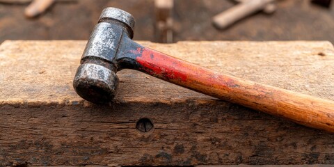 Vintage Hammer on Rustic Wooden Workbench   Tools  Workshop  DIY  Crafts  Construction  Wo