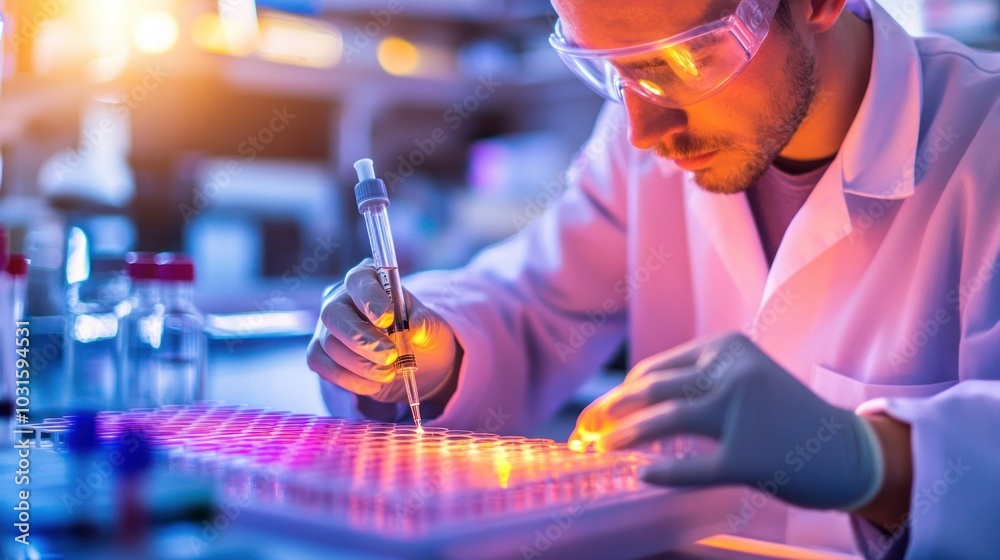 Poster Scientist in Lab Coat Using Pipette and Multi-Well Plate