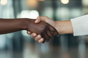 Close-up of two hands shaking firmly in a professional environment