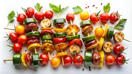 Fototapeta premium Grilled Vegetable Skewers: Colorful Assortment of Bell Peppers, Zucchini, and Mushrooms on White Background for Healthy Eating and Culinary Inspiration