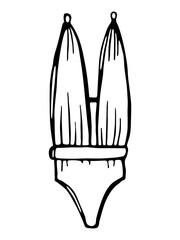 Woman swimsuit. One-piece swimsuit with a cut-out. Stylized icon, doodle ink hand-drawn style.