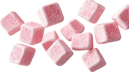 Colorful pink sugar cubes scattered on a surface, perfect for adding a fun touch to desserts, drinks, or festive occasions on transparent background.