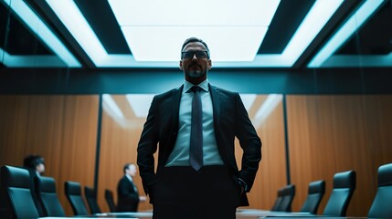 Obraz premium Corporate lawyer presenting legal strategies to a group of executives in a sleek, modern boardroom