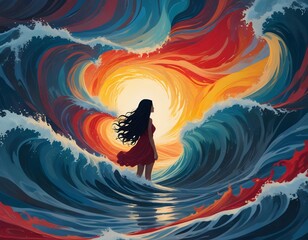 Obraz premium Vibrant Abstract Figure Amidst Swirling Waves Depicting Emotional Highs and Lows of Mental Health