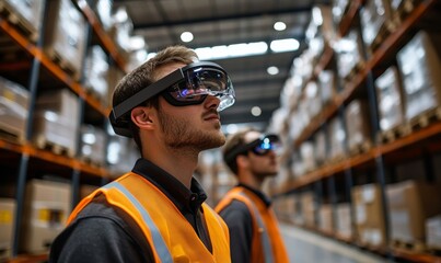 Augmented Reality Picking warehouse workers wearing AR glasses or headsets, which provide real-time picking instructions and navigation cues for faster and more accurate order, Generative AI