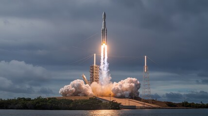Powerful rocket soaring into a dramatic storm filled sky during a spectacular launch  This image captures the power speed and technological advancements of modern space