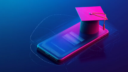 Get a college certificate online using your phone. This banner shows a modern design with a graduation cap, perfect for online education courses.low poly wireframe.